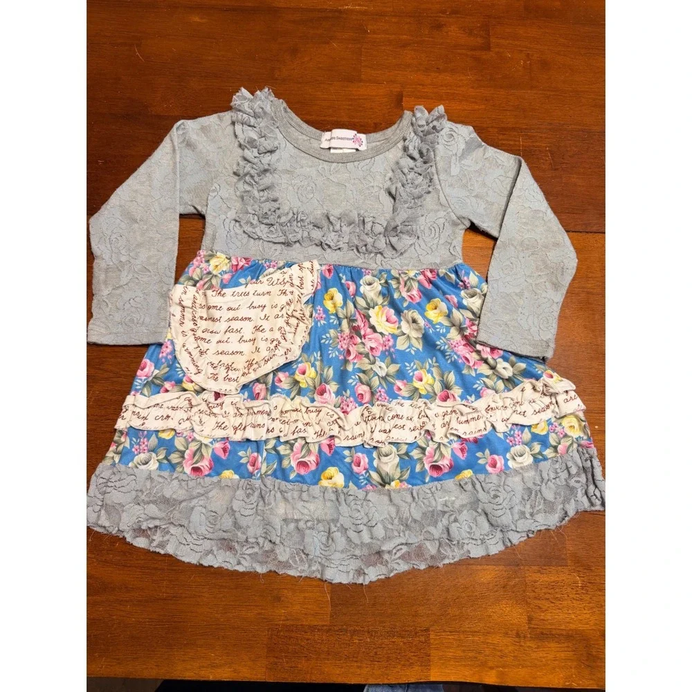 Adorable Sweetness Girls Pant Set 4 Blue Floral Lace Ruffle Script Outfit